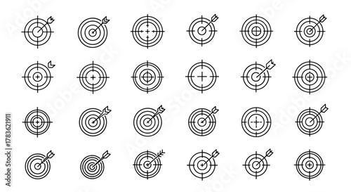 Set of 24 target icons with arrows and crosshairs, representing focus, accuracy, and goals. Clean line art vector illustrations on a white background, perfect for business, sports, and strategy