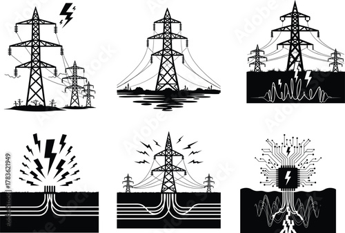Electricity transmission towers with underground cables, lightning bolts, smart grid integration, and energy flow concept in black and white vector illustration