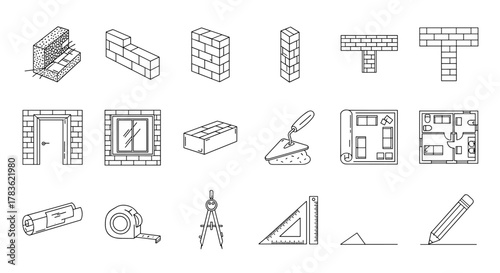 Comprehensive set of thin line icons representing brick walls, floor plans, building elements, and construction tools, perfect for graphic design, web development, app interfaces, advertisements, and