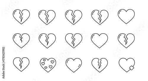 Collection of minimalistic line icons representing broken hearts, symbolizing heartbreak, sadness, and emotional pain. Includes various styles of cracked hearts, some with bandages, perfect for web