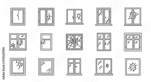 Collection of minimalistic thin line icons representing various types of broken windows, including cracked, shattered, and bullet-holed glass, suitable for web, graphic design, apps, banners, social