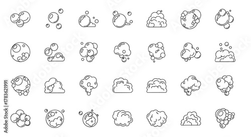 Collection of outline line icons representing bubbles and foam, perfect for graphic and web design, apps, adverts, and various cards. This vector cartoon illustration features a clean white