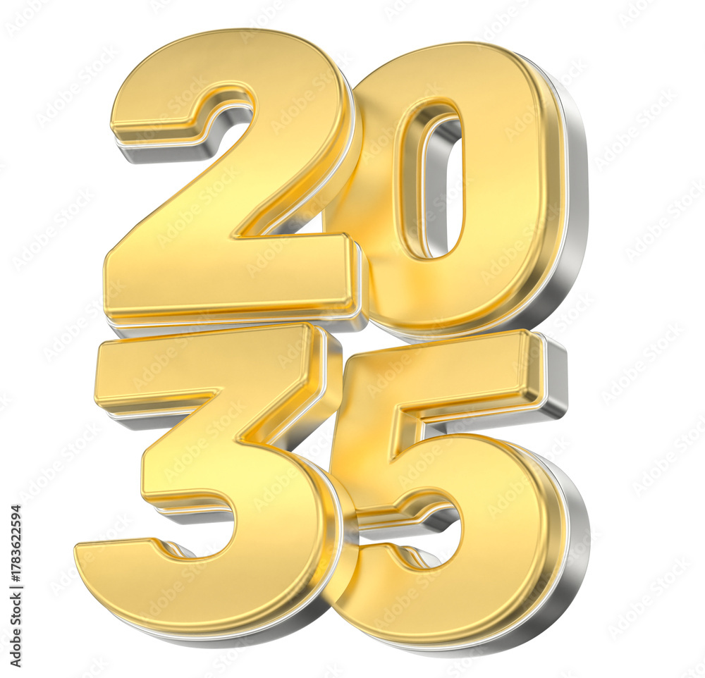 Obraz premium Shiny Golden and Silver 2035 Year Numbers Isolated on White Background, Representing Future Goals and Success.
