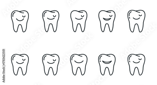Set of ten smiling tooth icons with a clean, thin line art style, isolated on a white background, perfect for web, books, cards, and apps, representing dental health and positive oral hygiene with a