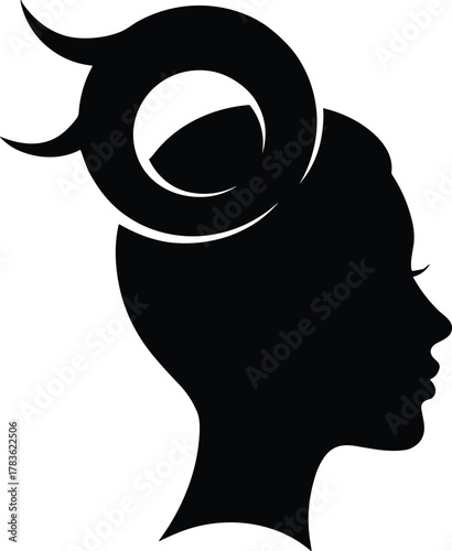 Female Aries zodiac silhouette with horned hairstyle, black vector profile for astrology, tattoo, mystic design, horoscope, and celestial art