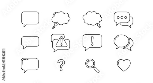 A collection of minimalistic linear speech bubble icons, including thought bubbles, question marks, exclamation points, hearts, and a magnifying glass, perfect for web design, graphic design, app