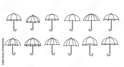 Set of 12 simple line art umbrellas and parasols, each with a curved handle and a classic dome shape, arranged in two rows on a clean white background, perfect for weather or fashion themes.