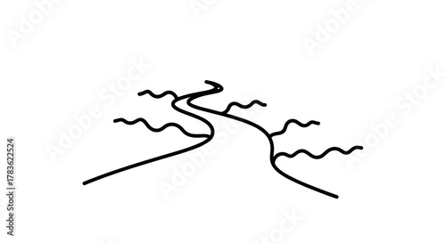 A minimalist black line icon representing a winding river with stylized waves on either side, symbolizing nature, water, and flow, perfect for environmental or travel-related designs.