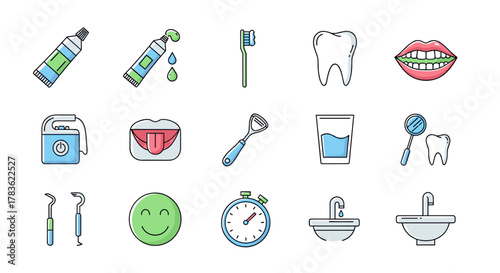 A collection of minimalistic linear vector cartoon illustrations representing dental hygiene and care, featuring toothpaste tubes, a toothbrush, a healthy tooth, a smiling mouth, a tongue cleaner, a