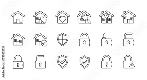 Set of thin line icons representing houses, locks, and shields, symbolizing security, safety, and home protection. This collection includes various icons such as a house with a heart, a house with a