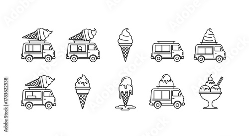 Minimalistic outline icons of ice cream vans and cones, perfect for web design, graphic design, apps, banners, social networks, and cards. This vector cartoon illustration features various ice cream