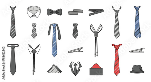 Collection of thin tie icons, including classic ties, bow ties, bolo ties, tie clips, a shirt collar, a pocket square, and a fedora hat, presented in a cartoonish vector illustration style with