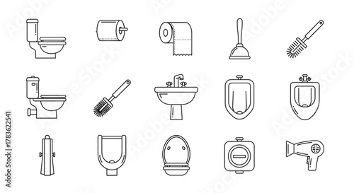 Collection of thin line icons representing bathroom fixtures and accessories, including toilets, bidets, urinals, sinks, toilet paper, plungers, toilet brushes, and hairdryers, perfect for web
