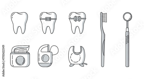 A clean and modern line icon set representing essential dental care and orthodontics, featuring a healthy tooth, teeth with braces, a toothbrush, dental floss, toothpaste, and a dental mirror