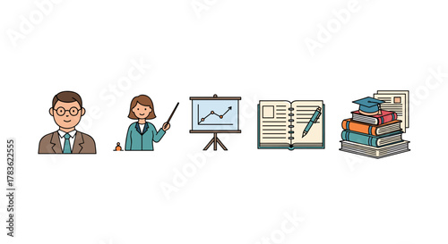 A vibrant and modern vector illustration set featuring university-related icons, including a professor, a teacher presenting, a whiteboard with a graph, an open notebook with a pen, and a stack of