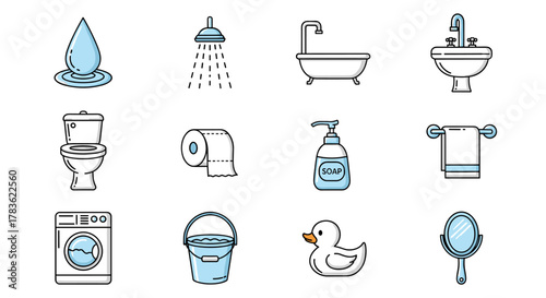 Set of 12 clean and modern flat icons representing bathroom and shower essentials, including a water drop, shower head, bathtub, sink, toilet, toilet paper, soap dispenser, towel rack, washing