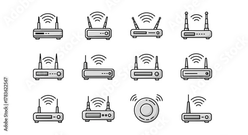 Collection of diverse Wi-Fi router icons, featuring various designs with antennas and signal waves, presented in a clean, modern, editable stroke style, perfect for UI elements, web design, apps