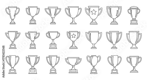 Collection of outline vector trophies and cups, symbolizing victory and achievement, perfect for infographics, articles, books, flyers, and banners, editable stroke for customization, cartoon