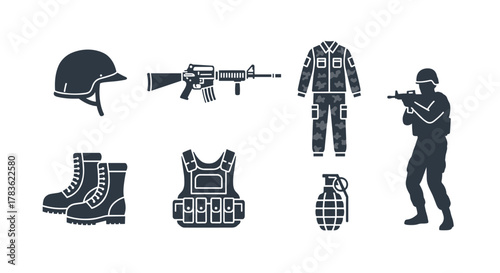 Set of solid, filled combat gear icons including a soldier in action, helmet, rifle, camouflage uniform, tactical vest, boots, and grenade, representing military equipment and warfare in a clean