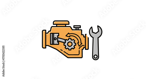 Vibrant flat design icon set representing car diagnostics and repair, featuring an engine with a piston and gears, a wrench for mechanical work, a diagnostic scanner, a warning light symbol, and a