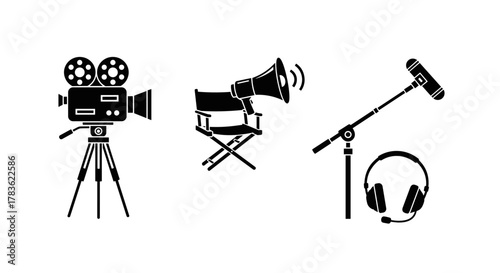 Iconic silhouettes representing film and production: a vintage film camera on a tripod, a director's chair with a megaphone, and professional audio equipment including a boom microphone and