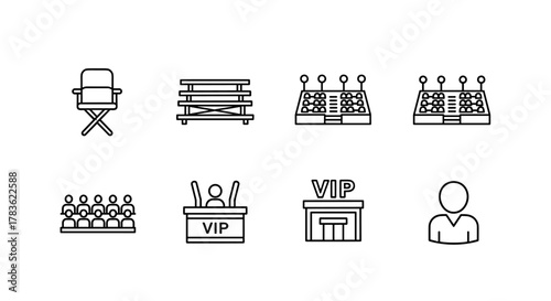 Audience and seating icon set, featuring a director's chair, bleacher bench, grandstand with multiple rows of seats, VIP box, and a simple spectator icon, presented as a clean, modern outline graphic