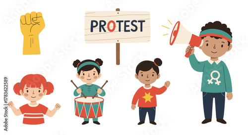 Vibrant flat vector illustrations depicting a children's protest, featuring a raised fist, a protest sign, a child with a drum, and a child speaking through a megaphone, symbolizing activism and