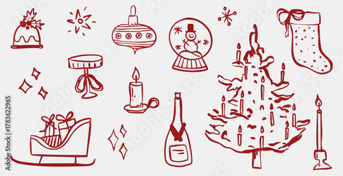 Winter whimsical christmas tree doodle sketch vector illustration. Holiday line art simple party decoration for new year. Minimalist snowflake outline set.