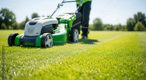Fototapeta Naklejka Na Ścianę i Meble -  Gardener operating a green and white lawn mower on a sunny day