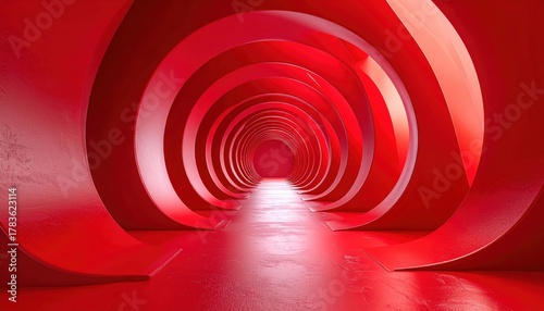 Fototapeta Naklejka Na Ścianę i Meble -  Surreal 3d Red Ribbon Tunnel Deep Perspective Through Circular Ring Forms