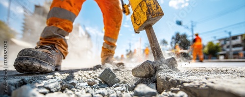Construction worker using jackhammer on road, close-up view of equipment.