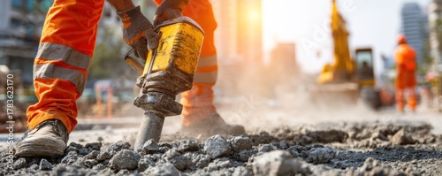 Construction Worker Using Jackhammer on Road Construction Site.