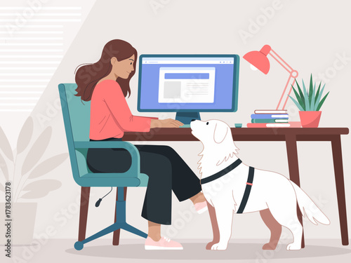 An inspiring illustration of a woman working from home with her dog by her side, showcasing the balance of professionalism and companionship in a cozy environment.