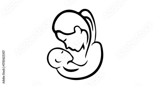 Mother holding baby line art minimal vector illustration symbol of love care and family connection