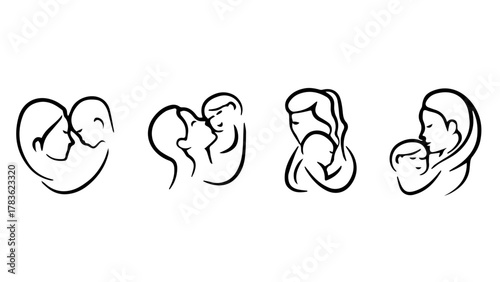 Mother and baby line art set minimal vector illustration symbol of love care and family connection