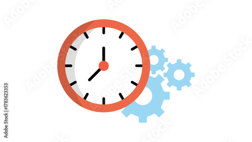 Clock and gear icon flat vector illustration representing time management and productivity concept