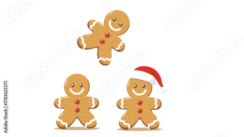 Cute gingerbread man cookies with santa hat cartoon vector illustration isolated