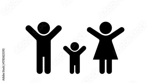 Happy family icon father mother and child with raised hands vector illustration isolated on white