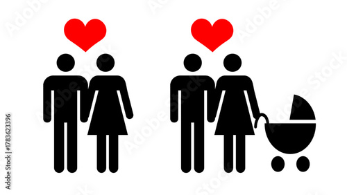 Family love concept couple with baby stroller flat vector illustration isolated on white background