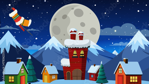 Whimsical winter village under a giant full moon with santa s sleigh flying