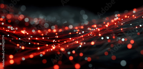 Abstract digital network shows warning sign with glowing red lines indicating system overload. Danger signals flash amid data streams. Tech failure, alert, risk alert.