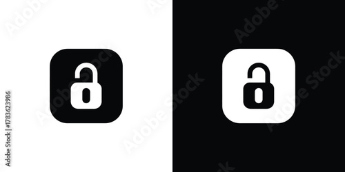White Open Padlock Inside Rounded Square in Black and White Split Background