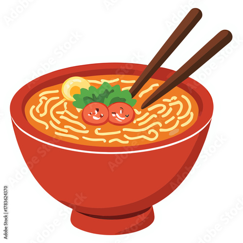 A tiny bowl of ramen with blushing narutomaki and happy chopsticks | kawaii cartoon style | warm pastel tones | soft hand-drawn textures | smiling steam clouds | cute and cozy mood