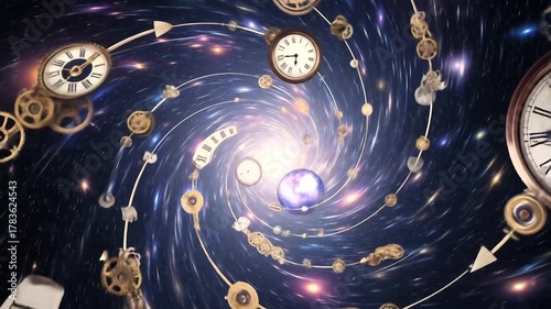 A mesmerizing cosmic spiral featuring clocks and gears, symbolizing time travel and the universe