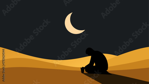 Silhouette praying under the crescent moon