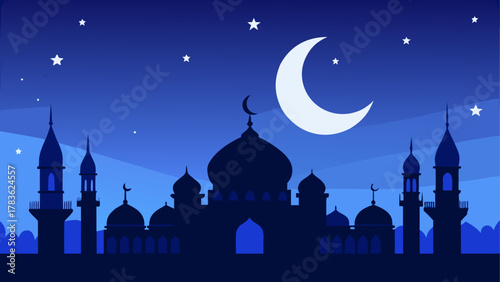 Mosque silhouette under the moonlit sky