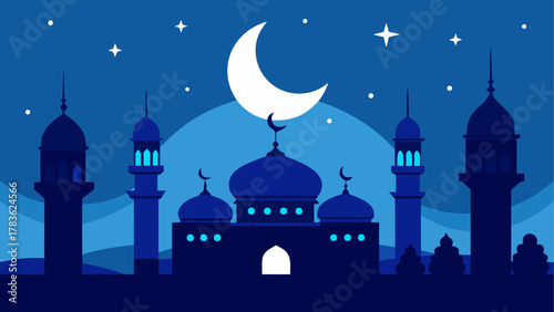 Mosque silhouette under crescent moon night