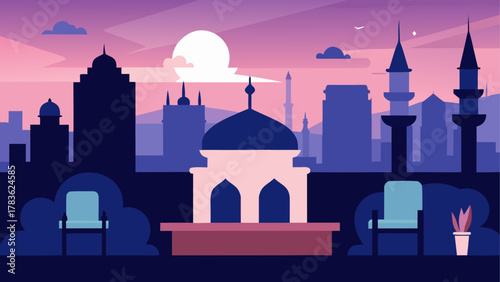 Cityscape with mosque and sunset skyline