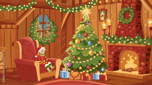 Cozy christmas scene with a child elf by the fireplace and decorated tree