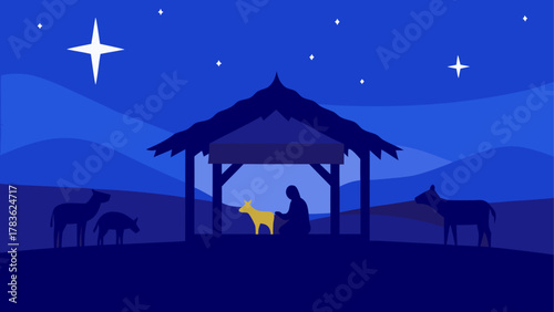 Nativity scene with animals and stars